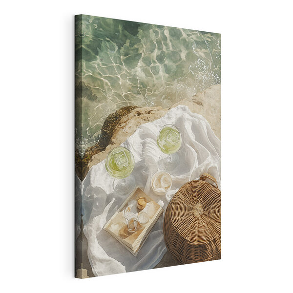 Panier pique-nique et verres de vin sur un rocher au bord de l'eau Tableaux Panier pique-nique et verres de vin sur un rocher au bord de l'eau