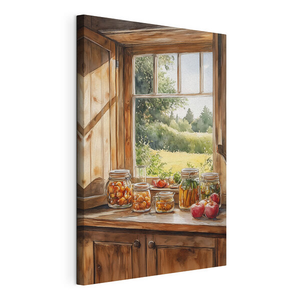 Tableaux Aquarelle de bocaux de nourriture sur un rebord de fenêtre