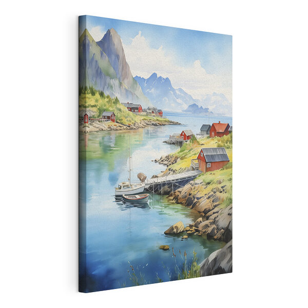 Aquarelle d'une rivière avec un bateau et des maisons sur celle-ci Tableaux Aquarelle d'une rivière avec un bateau et des maisons sur celle-ci