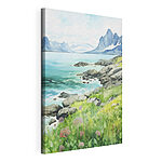 Tableaux Aquarelle d'un rivage rocheux avec des montagnes et un ciel bleu