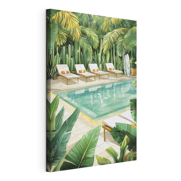 Piscine avec chaises longues et planches de surf Tableaux Piscine avec chaises longues et planches de surf