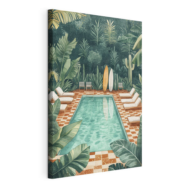 Piscine avec chaises et planches de surf au milieu Tableaux Piscine avec chaises et planches de surf au milieu
