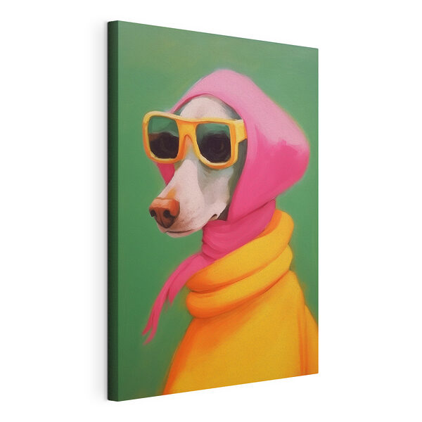 Chien portant une écharpe rose et des lunettes de soleil Tableaux Chien portant une écharpe rose et des lunettes de soleil
