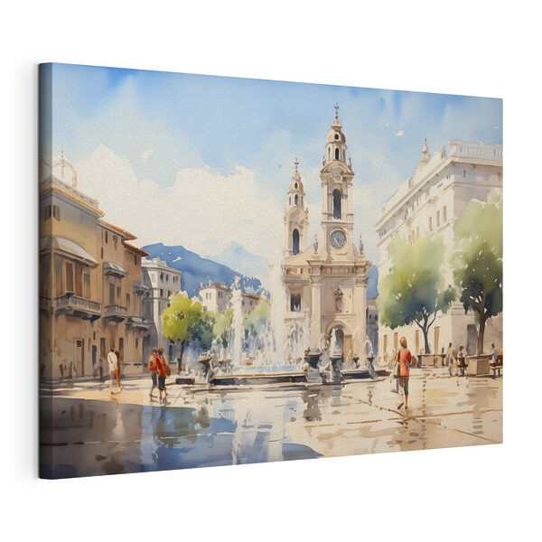 Aquarelle d'un bâtiment avec une fontaine devant celui-ci Tableaux Aquarelle d'un bâtiment avec une fontaine devant celui-ci