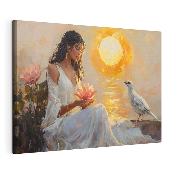 Tableaux Peinture d'une femme tenant une fleur et un oiseau