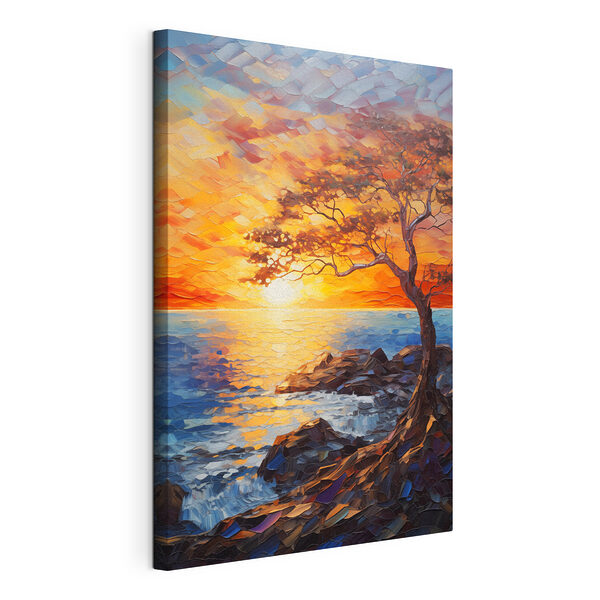 Arbre sur un rivage rocheux avec un coucher de soleil Tableaux Arbre sur un rivage rocheux avec un coucher de soleil