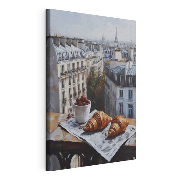 Tasse de café et croissants sur une table avec des bâtiments en arrière-plan Tableaux Tasse de café et croissants sur une table avec des bâtiments en arrière-plan