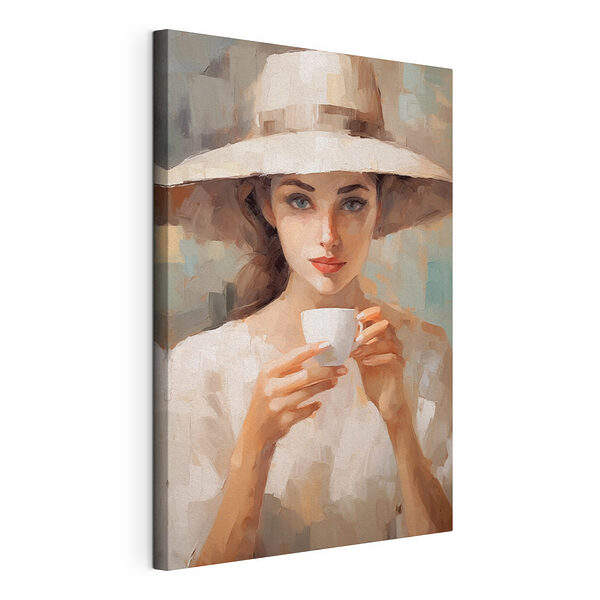 Femme portant un chapeau et tenant une tasse Tableaux Femme portant un chapeau et tenant une tasse