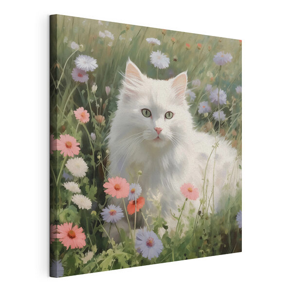 Tableaux Chat blanc dans un champ de fleurs