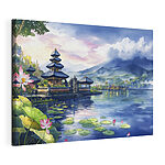 Tableaux Aquarelle d'un lac avec une pagode et des nénuphars