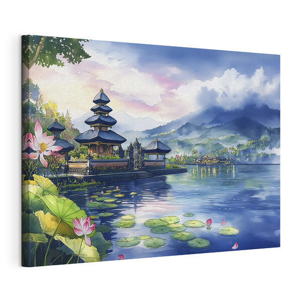 Aquarelle d'un lac avec une pagode et des nénuphars Tableaux Aquarelle d'un lac avec une pagode et des nénuphars