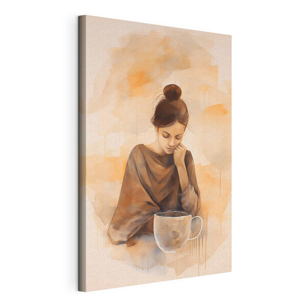 Femme avec la main sur le visage regardant une tasse de café Tableaux Femme avec la main sur le visage regardant une tasse de café