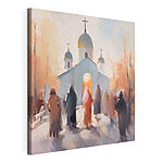 Tableaux Groupe de personnes marchant devant une église