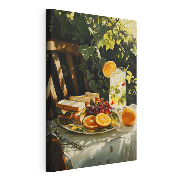 Tableaux Assiette de sandwichs et de fruits sur une table