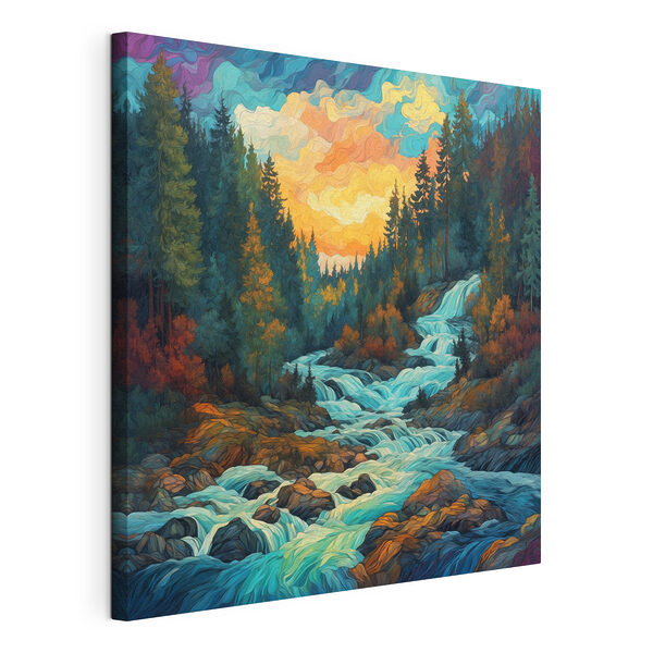 Tableaux Peinture d'une rivière traversant une forêt
