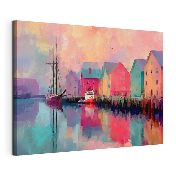 Tableaux Des maisons colorées et un bateau sur l'eau