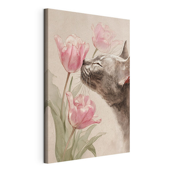 Tableaux Un chat qui renifle des fleurs