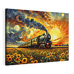 Tableaux Un train sur les rails, avec des tournesols et de la fumée s'échappant de la locomotive