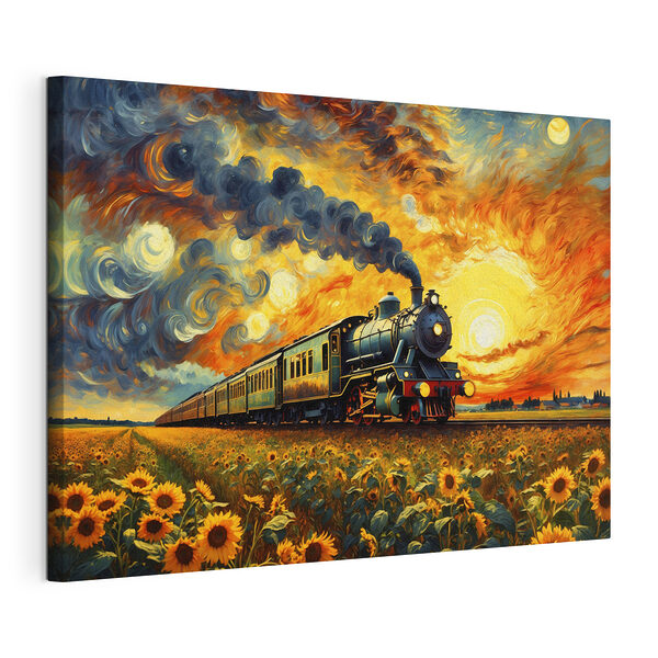 Un train sur les rails, avec des tournesols et de la fumée s'échappant de la locomotive Tableaux Un train sur les rails, avec des tournesols et de la fumée s'échappant de la locomotive