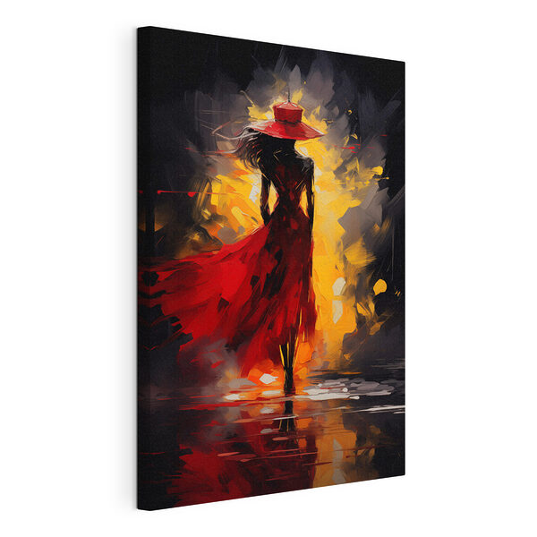 Tableau représentant une femme vêtue d'une robe rouge et d'un chapeau Tableaux Tableau représentant une femme vêtue d'une robe rouge et d'un chapeau