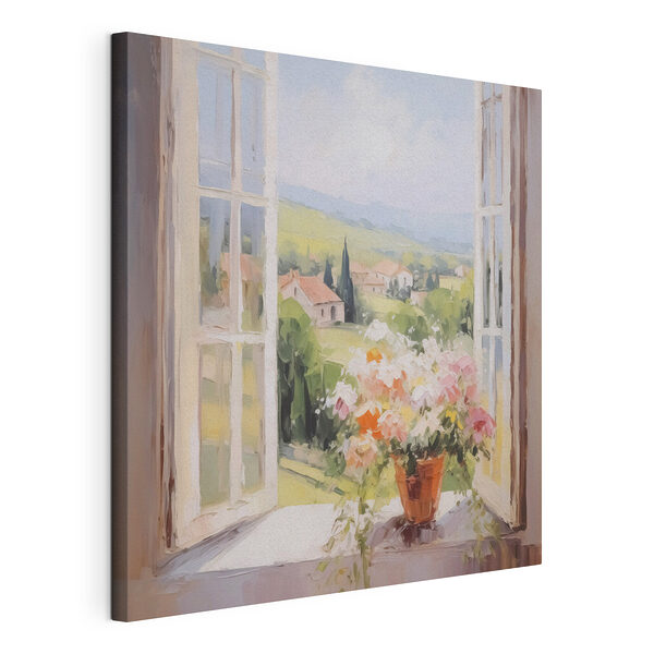 Peinture représentant une fenêtre avec des fleurs à l'intérieur Tableaux Peinture représentant une fenêtre avec des fleurs à l'intérieur