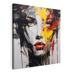 Tableaux Peinture représentant le visage d'une femme, réalisée avec de la peinture rouge, jaune et noire