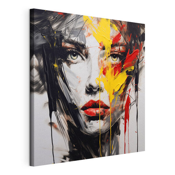 Peinture représentant le visage d'une femme, réalisée avec de la peinture rouge, jaune et noire Tableaux Peinture représentant le visage d'une femme, réalisée avec de la peinture rouge, jaune et noire