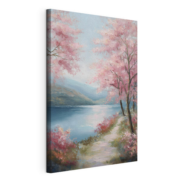 Tableaux Tableau représentant un lac, des arbres roses et des montagnes