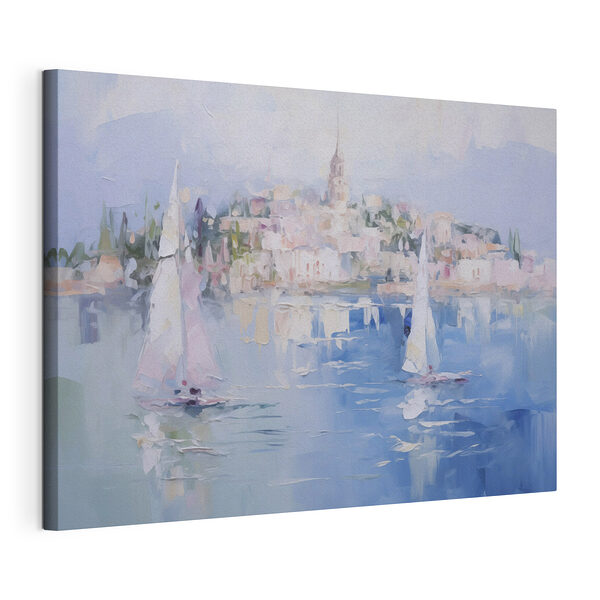 Tableau représentant des voiliers sur l'eau, avec une ville en arrière-plan Tableaux Tableau représentant des voiliers sur l'eau, avec une ville en arrière-plan