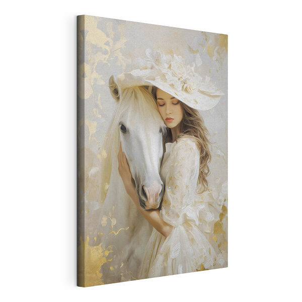 Une femme en robe blanche et chapeau, en train d'enlacer un cheval Tableaux Une femme en robe blanche et chapeau, en train d'enlacer un cheval