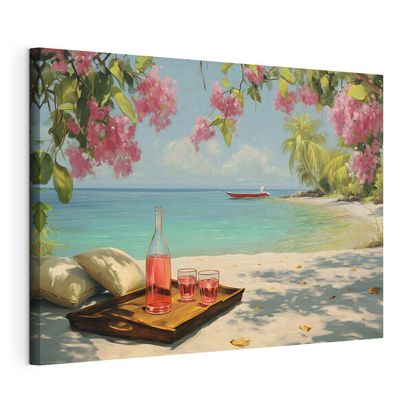 Plateau avec des verres et une bouteille de liquide sur une plage Tableaux Plateau avec des verres et une bouteille de liquide sur une plage