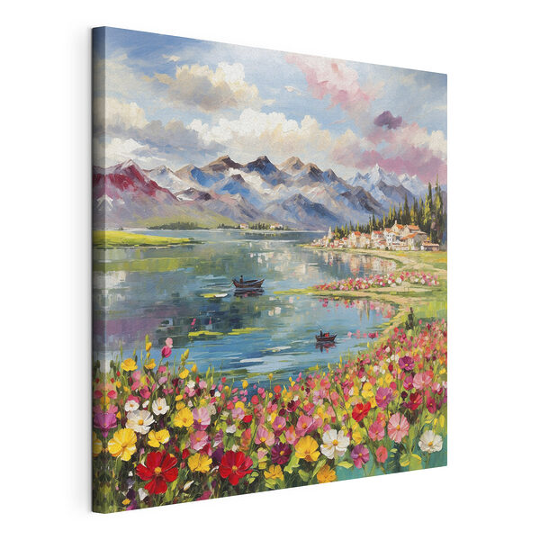 Tableau représentant un lac avec des fleurs et des montagnes en arrière-plan Tableaux Tableau représentant un lac avec des fleurs et des montagnes en arrière-plan