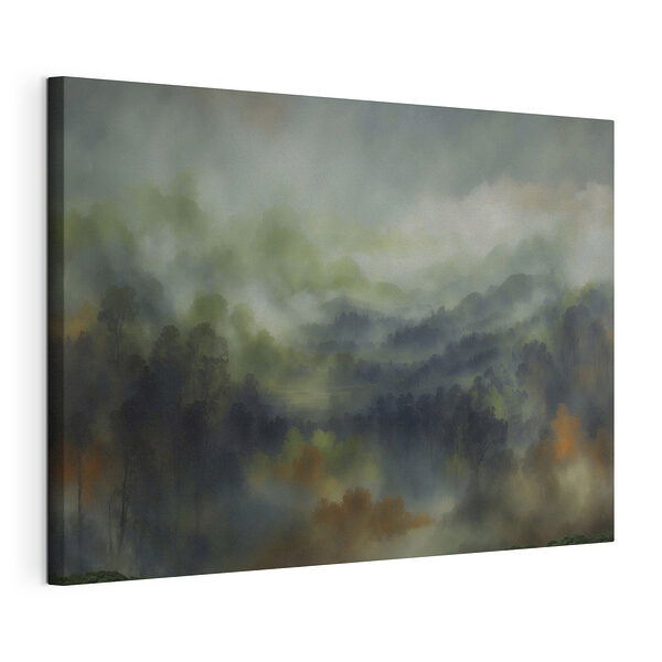 Forêt brumeuse avec des arbres et des collines Tableaux Forêt brumeuse avec des arbres et des collines