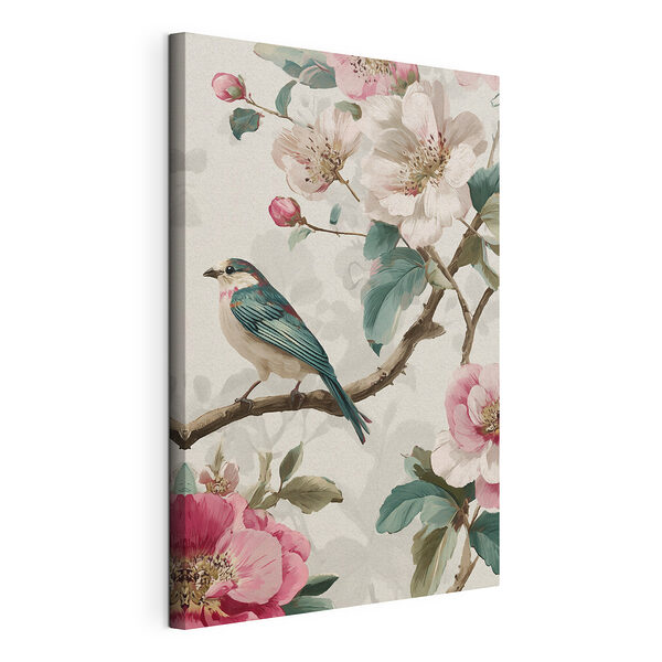 Un oiseau sur une branche avec des fleurs Tableaux Un oiseau sur une branche avec des fleurs