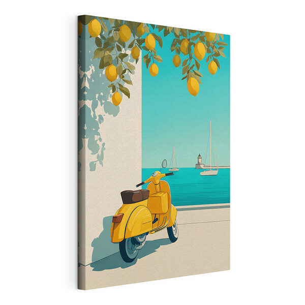 Une trottinette jaune garée sur un trottoir, à côté d'un citronnier Tableaux Une trottinette jaune garée sur un trottoir, à côté d'un citronnier