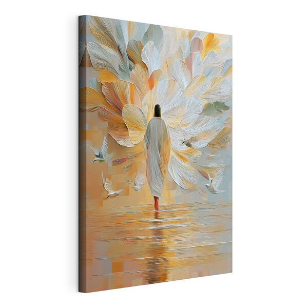 Tableaux Une personne marchant dans l'eau, entourée d'oiseaux qui volent