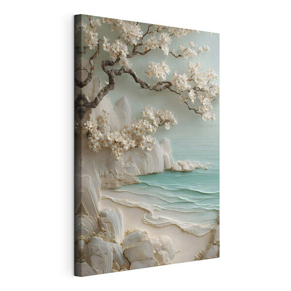 Tableau représentant une plage avec des fleurs blanches et un arbre Tableaux Tableau représentant une plage avec des fleurs blanches et un arbre