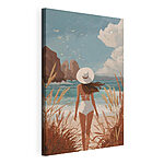 Tableaux Une femme en maillot de bain et avec un chapeau, marchant sur une plage