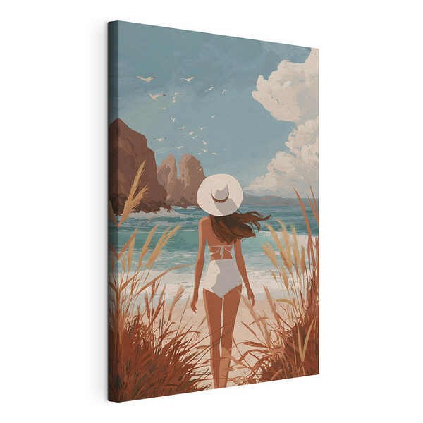 Une femme en maillot de bain et avec un chapeau, marchant sur une plage Tableaux Une femme en maillot de bain et avec un chapeau, marchant sur une plage