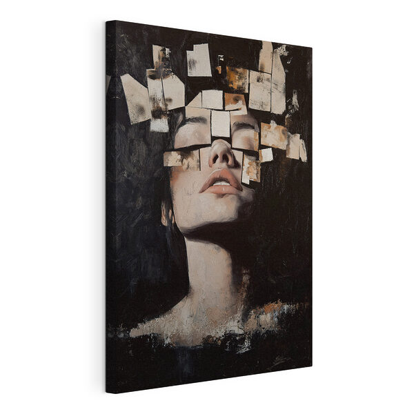 Femme dont le visage est recouvert de nombreux morceaux de papier carrés Tableaux Femme dont le visage est recouvert de nombreux morceaux de papier carrés