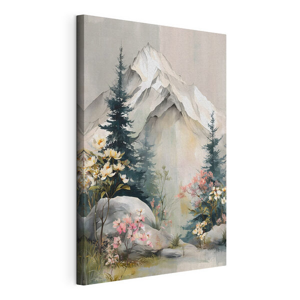 Tableaux Tableau représentant une montagne avec des arbres et des fleurs