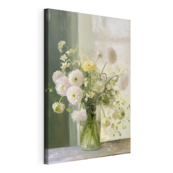 Tableaux Bouquet de fleurs blanches et jaunes dans un vase en verre