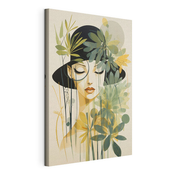 Tableaux Femme avec un chapeau noir et des feuilles vertes