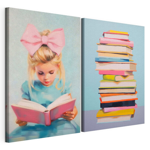 Impression sur toile modulaire Une jeune fille en train de lire un livre et une pile de livres