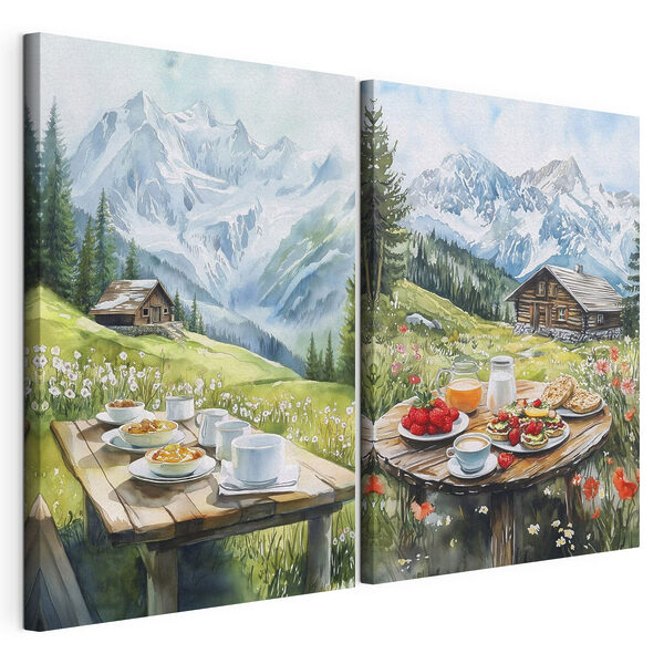 Impression sur toile modulaire Tableau représentant une table sur laquelle sont disposés des plats et des boissons