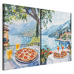 Impression sur toile modulaire Aquarelle représentant une table sur laquelle sont posées des pizzas et des boissons