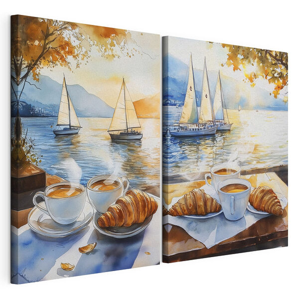 Aquarelle représentant deux tasses de café et des croissants posés sur une table, avec des bateaux en arrière-plan Impression sur toile modulaire Aquarelle représentant deux tasses de café et des croissants posés sur une table, avec des bateaux en arrière-plan