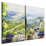 Impression sur toile modulaire Peinture représentant des verres à vin et des raisins posés sur une table
