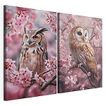 Impression sur toile modulaire Collage représentant des chouettes perchées sur une branche d'arbre