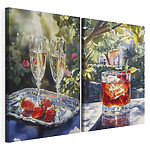 Impression sur toile modulaire Aquarelle représentant des verres de vin et des fraises